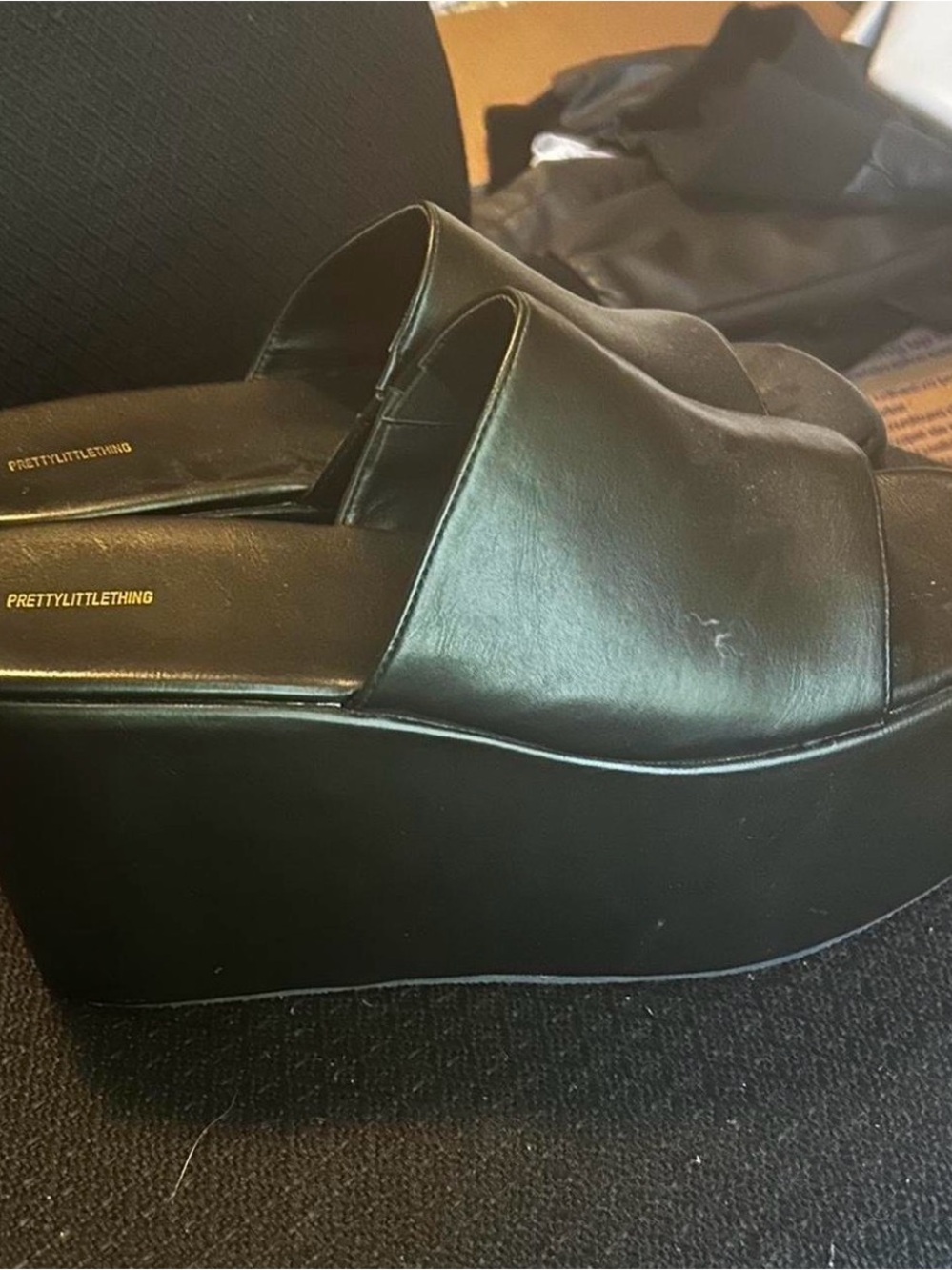 PrettyLittleThing Black Platform Slide Sandals with Gold Logo - Picture 2 of 3